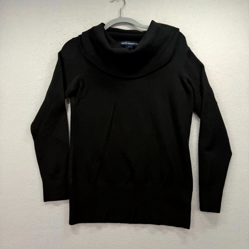 French Connection Tunic Sweater Womens Large Black Knit Raglan Sleeve Cowl Neck
